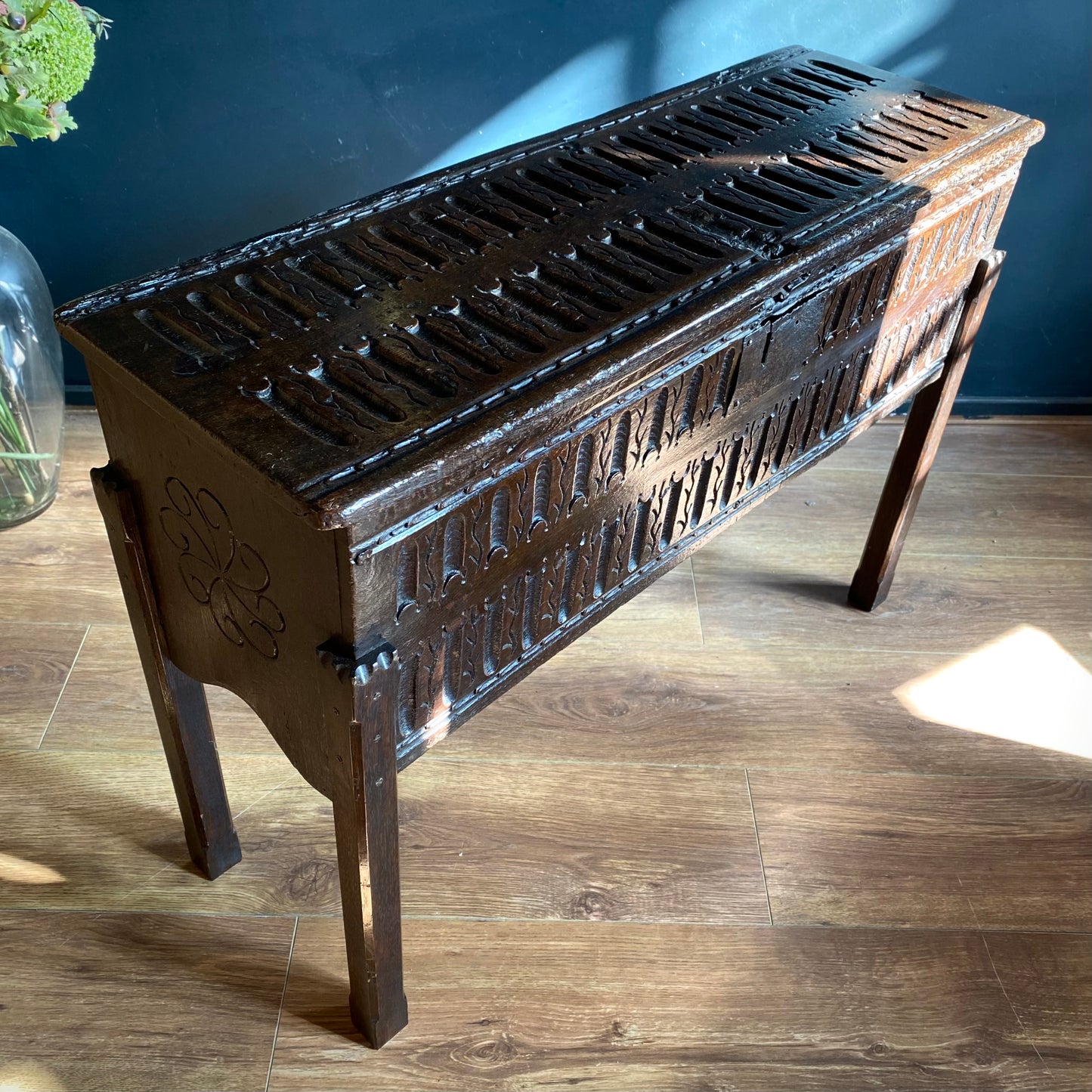 Elizabethan English Oak Coffer On Legs C.1590