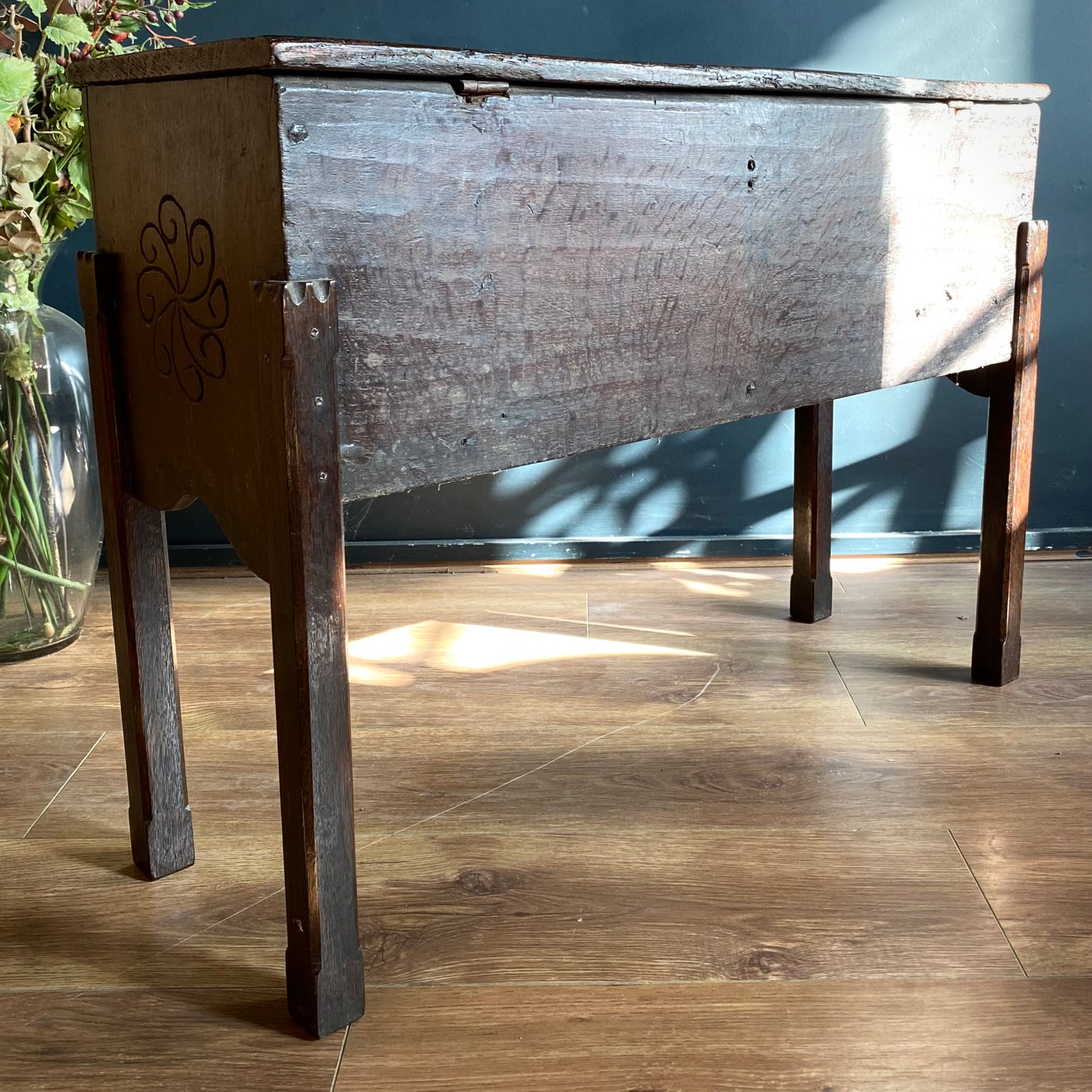 Elizabethan English Oak Coffer On Legs C.1590