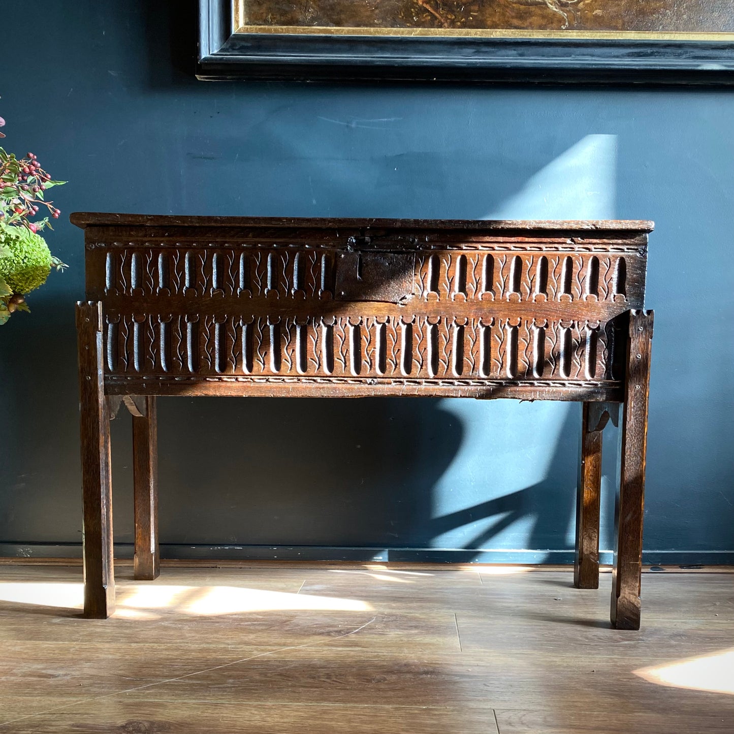Elizabethan English Oak Coffer On Legs C.1590