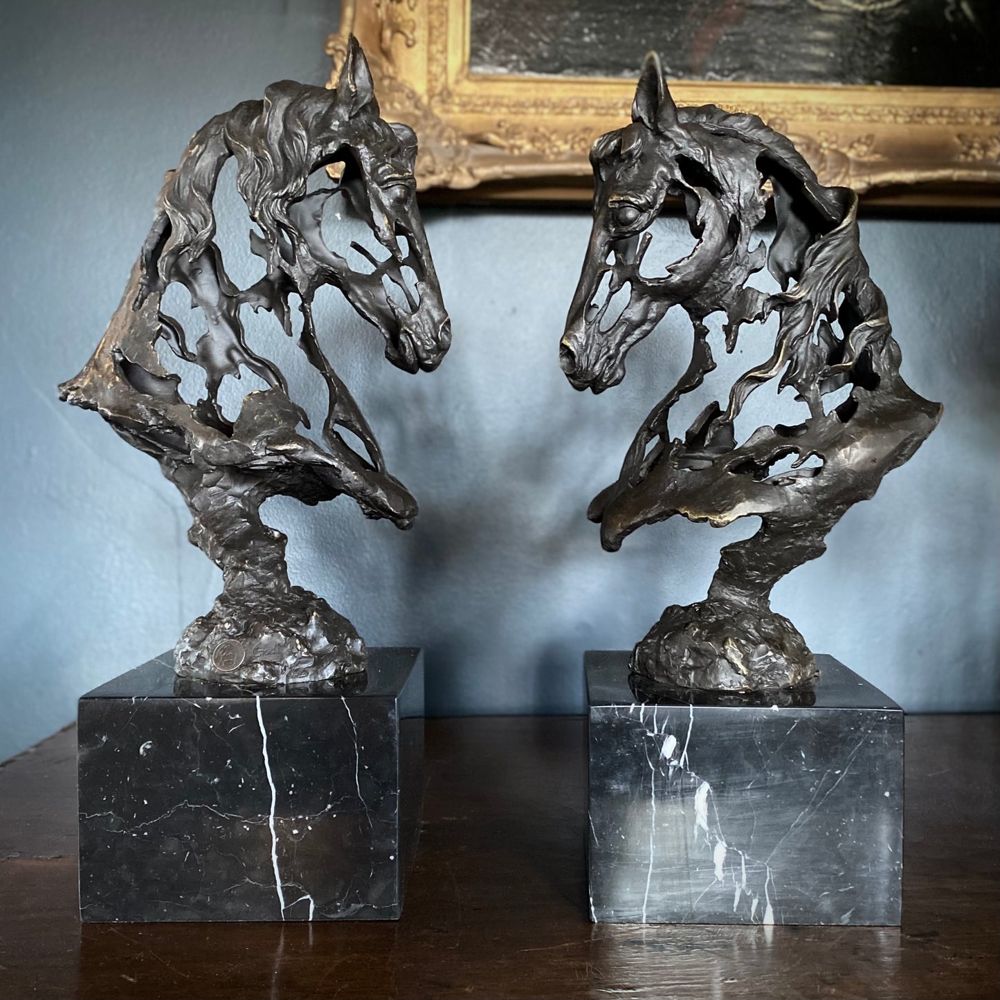 Pair of Abstract Bronze Horse Heads