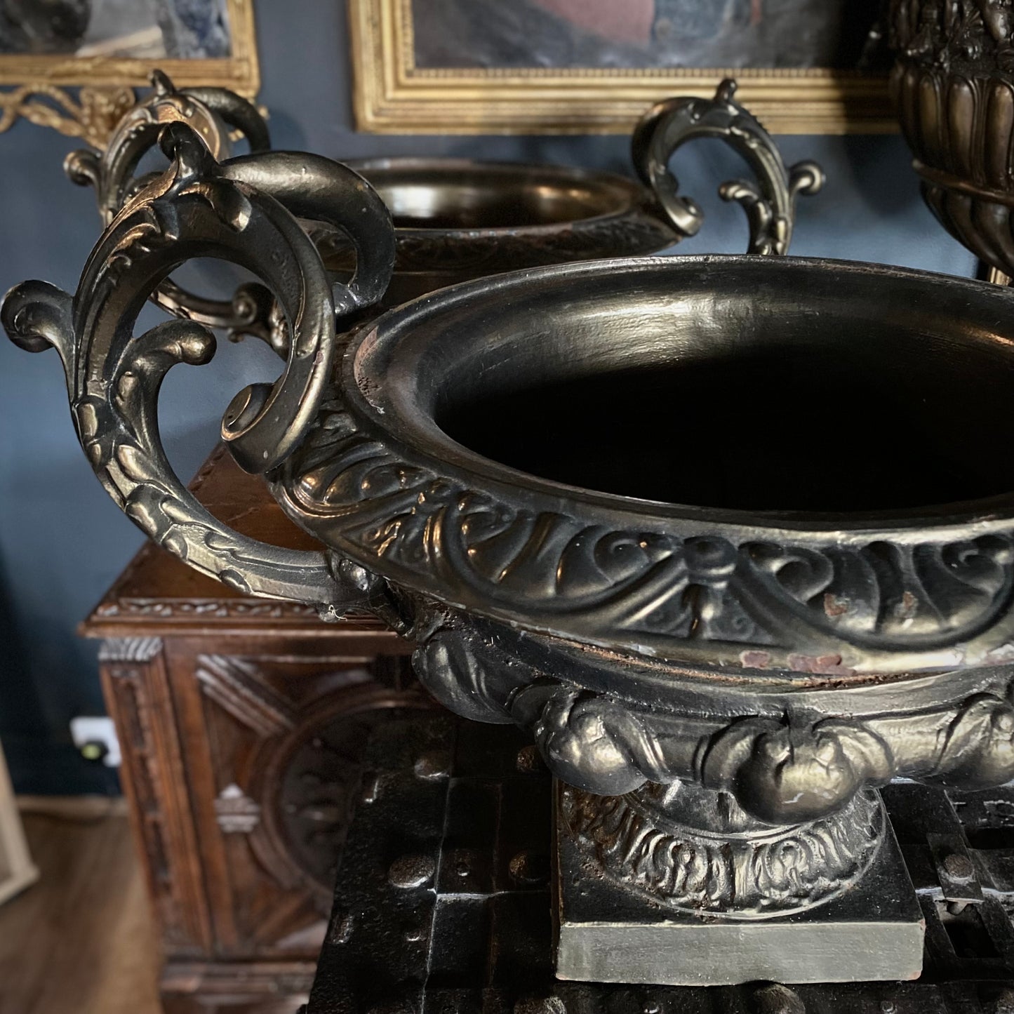 Pair of French 19th Century Cast Iron Urns