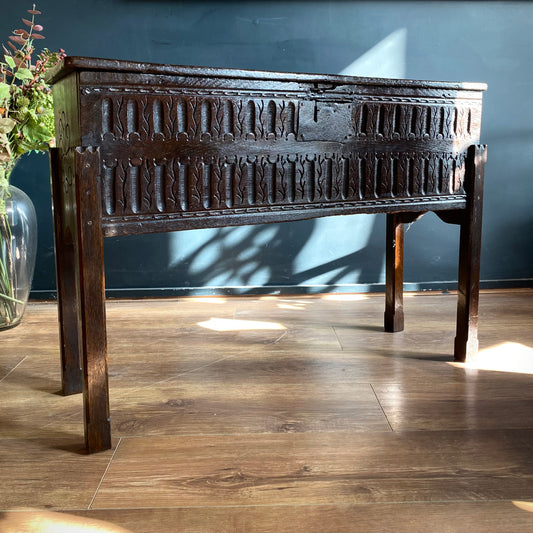 Elizabethan English Oak Coffer On Legs C.1590