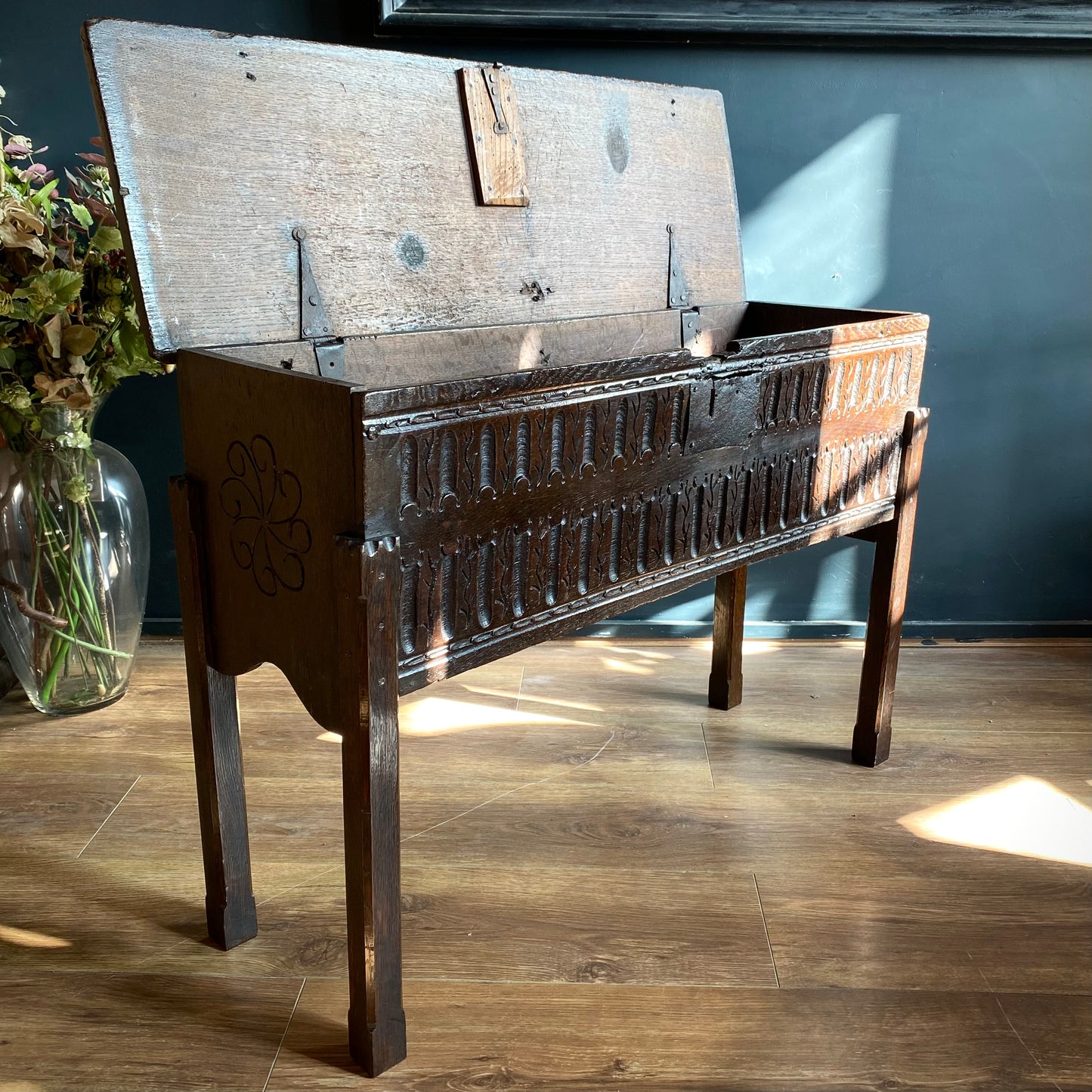 Elizabethan English Oak Coffer On Legs C.1590